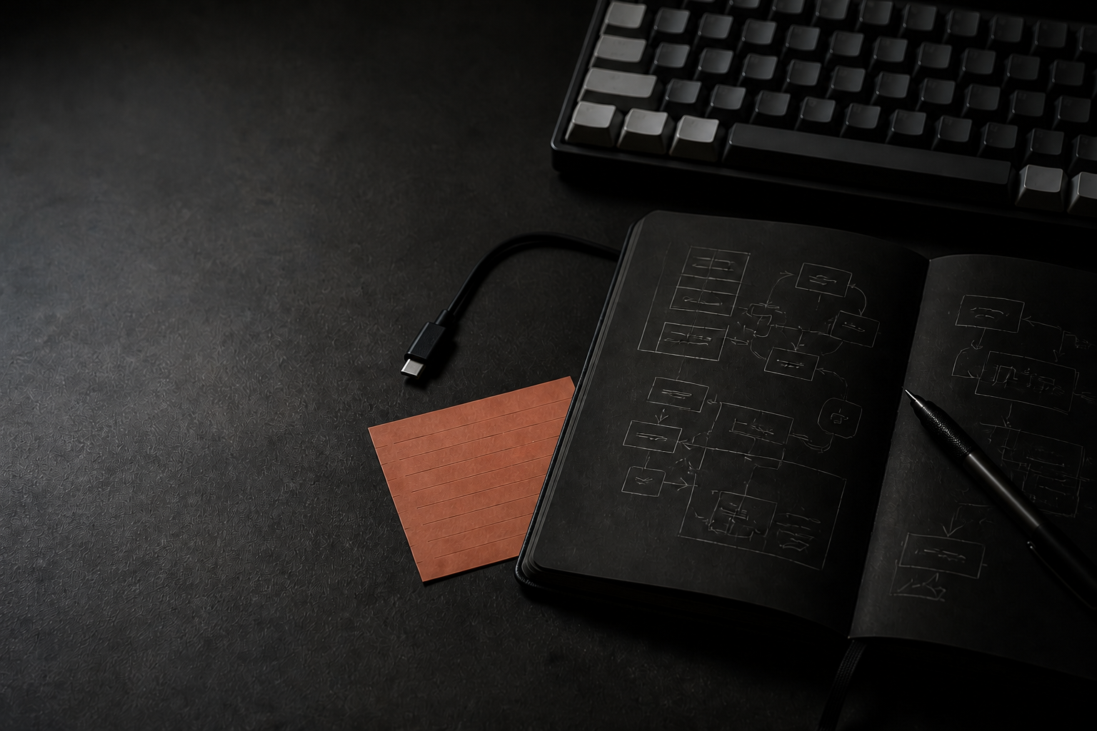 Meja kerja gelap dengan keyboard, diagram alur di buku catatan, dan kartu berwarna terakota lembut.